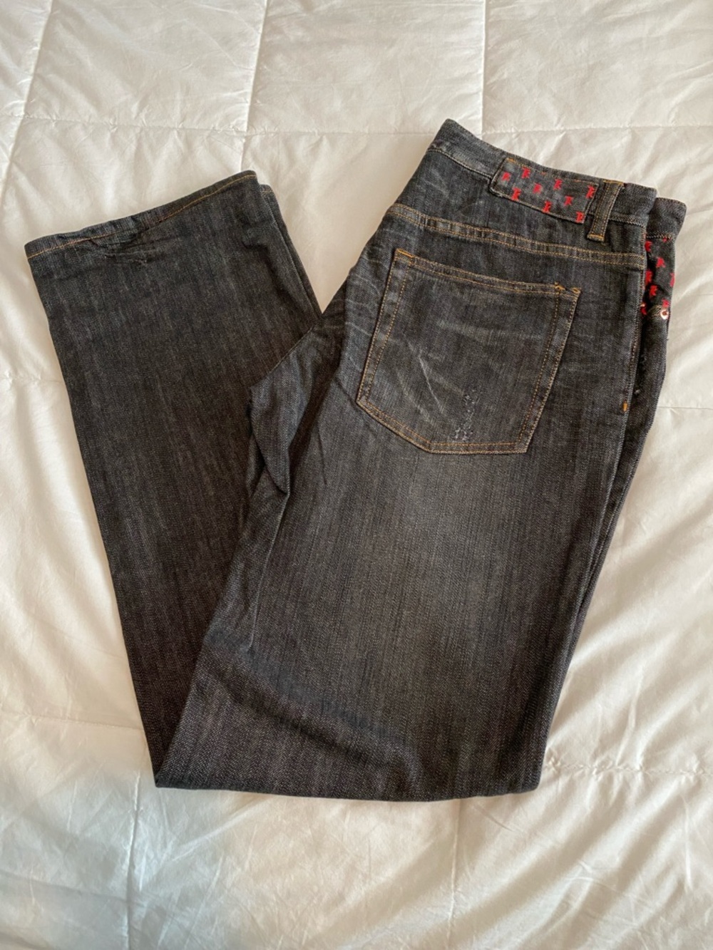 KR3W Men's Straight Jeans in Dark Gray with Red Accent